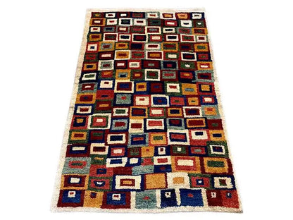 Gabbeh rug, rectangular, geometric checkered design, multicolored