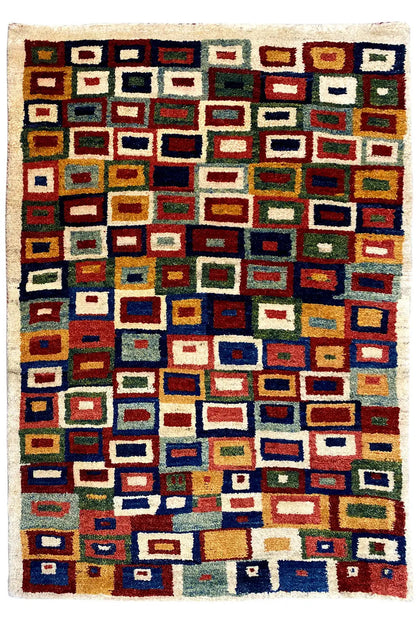 Gabbeh rug, rectangular, field pattern of multicolored tiles