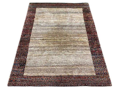 Gabbeh rug 142x107 cm with a beige central stripe and dark mottled border edge