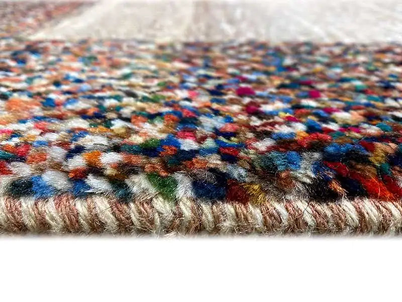 Gabbeh rug 142x107 cm close-up: colorful knotted texture and multicolored fringes