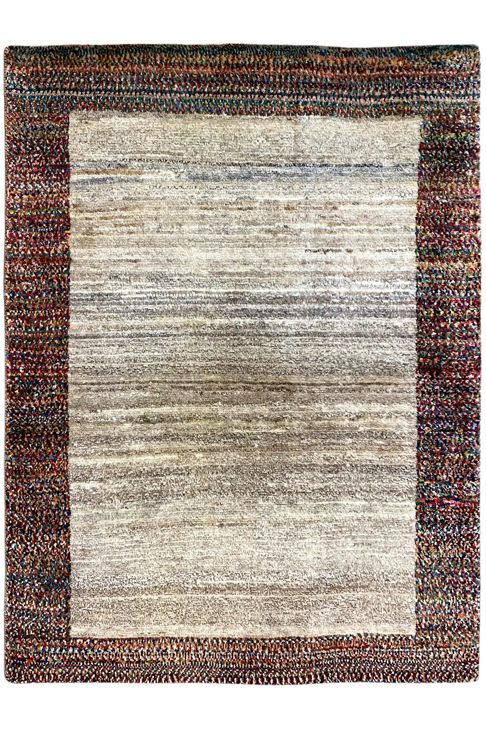 Gabbeh rug 142x107 cm, flat: beige center with a dark, mottled border