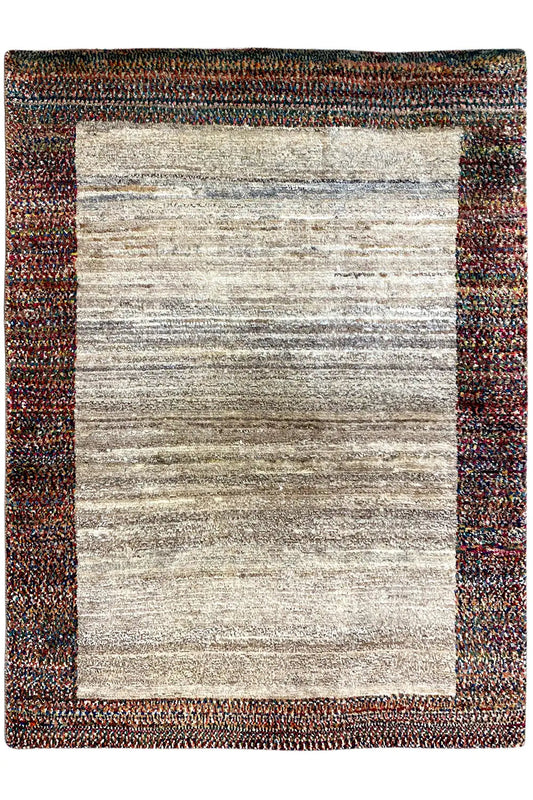 Gabbeh rug 142x107 cm, flat: beige center with a dark, mottled border
