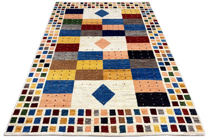 Gabbeh rug, rectangular, geometric pattern with colored blocks and diamonds