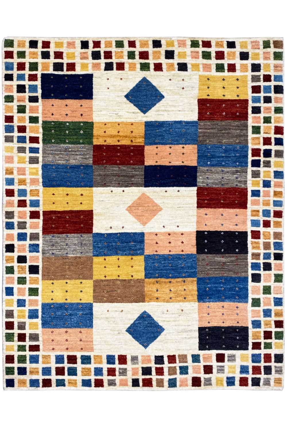 Gabbeh rug with geometric patchwork in blue, red, yellow, and beige