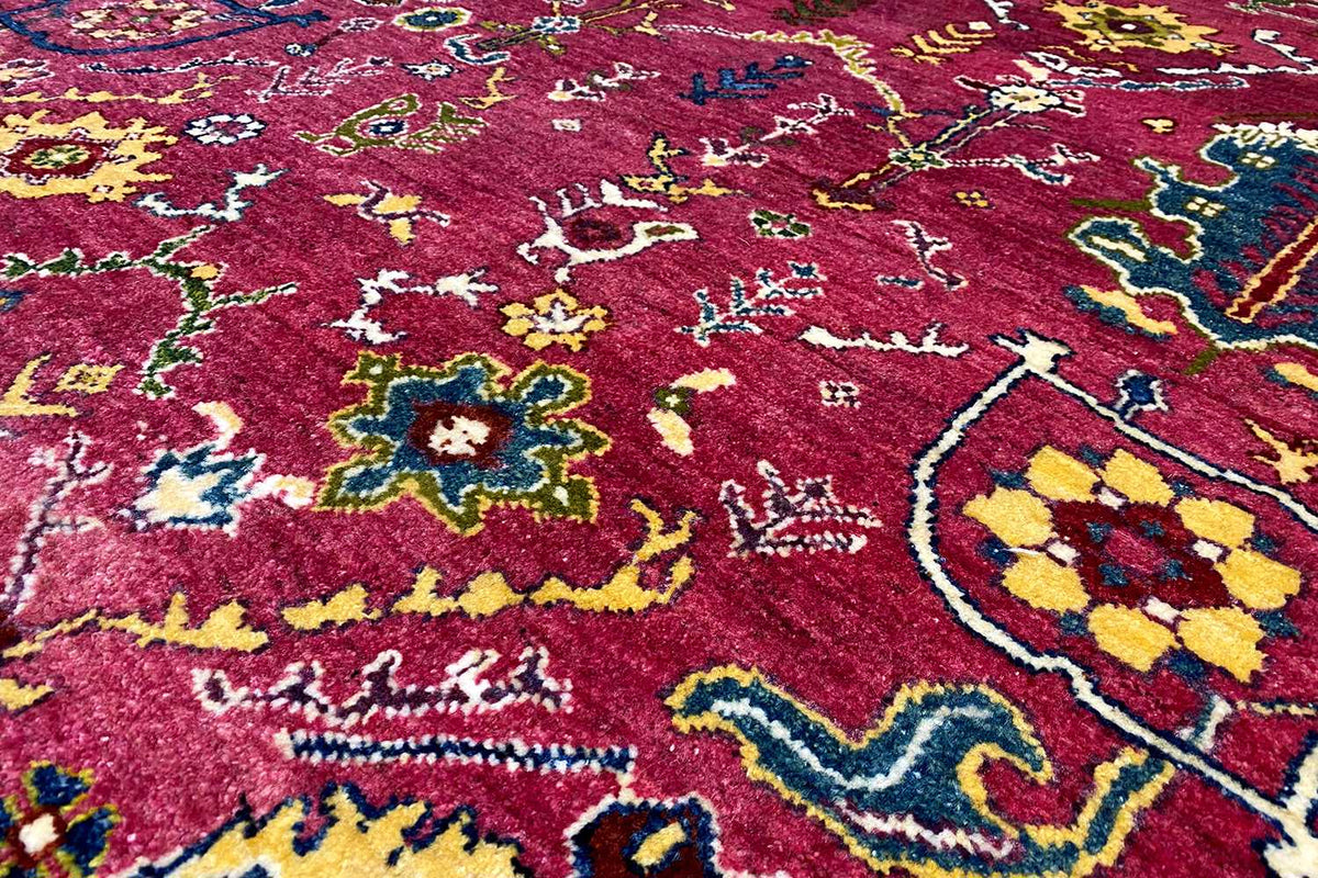 Red Gabbeh rug with a dense pile and colorful ornamental details