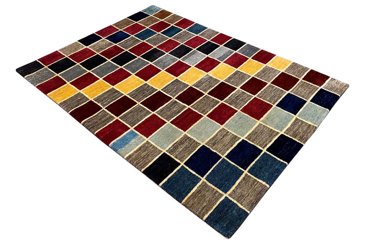 Gabbeh rug with a multicolored checkered pattern made up of squares in different colors, flat-weave