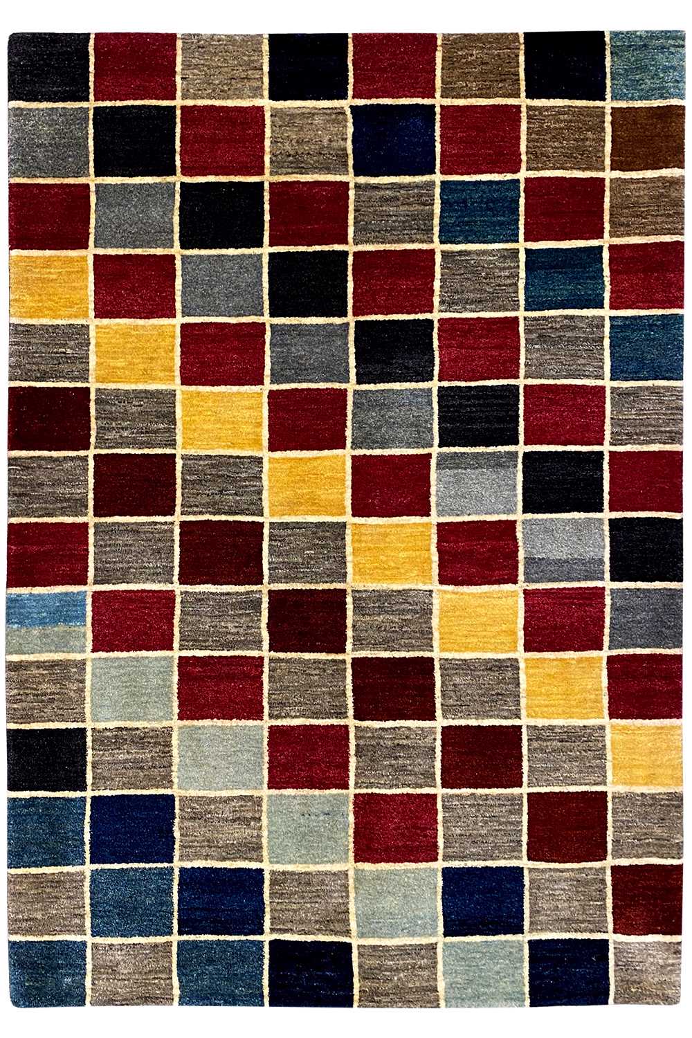 Gabbeh rug with multicolored checks and a short pile, laid out squarely