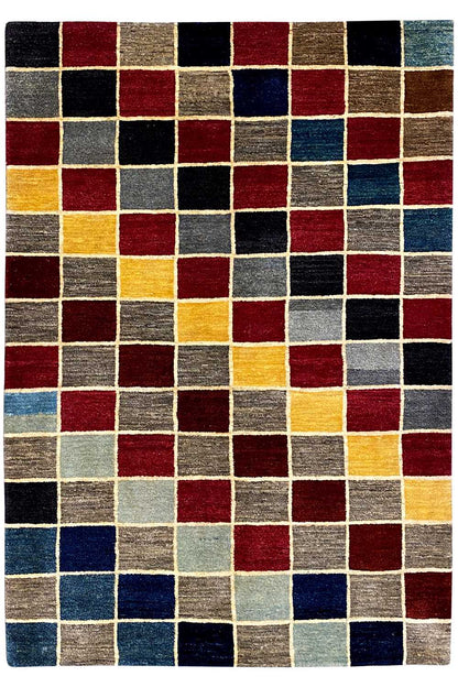 Gabbeh rug with multicolored checks and a short pile, laid out squarely