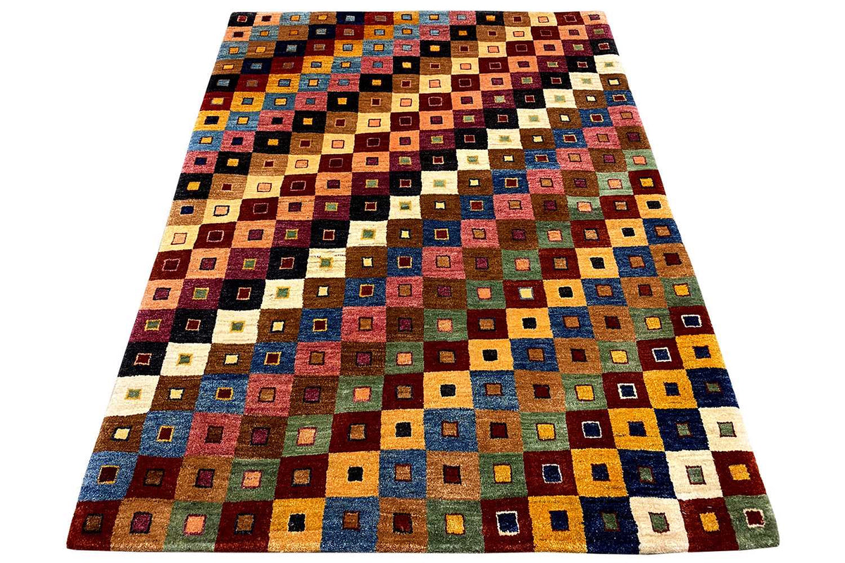 Rectangular Gabbeh rug, colorful quadrilateral mosaic pattern, with clear borders