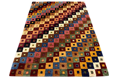 Rectangular Gabbeh rug, colorful quadrilateral mosaic pattern, with clear borders