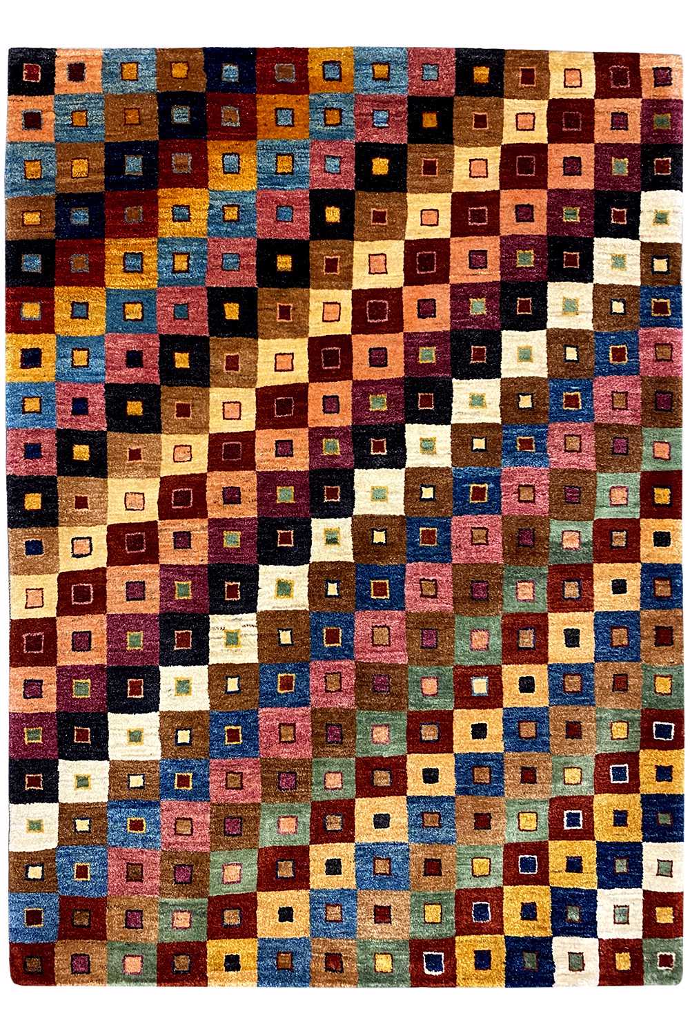 Gabbeh rug with a square pattern, multicolored in blue, red, green, and beige (202×152 cm)