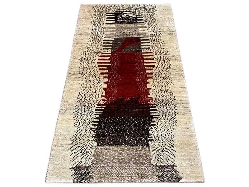 Gabbeh rug with a beige background, red central motif, and black patterned stripes, 168x91 cm