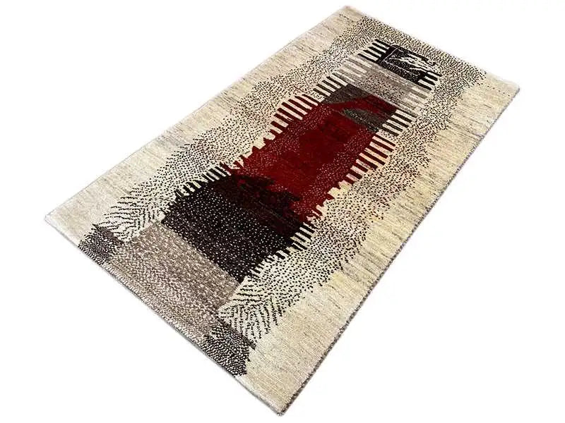 Rectangular Gabbeh rug, beige background with a red central stripe and black zones