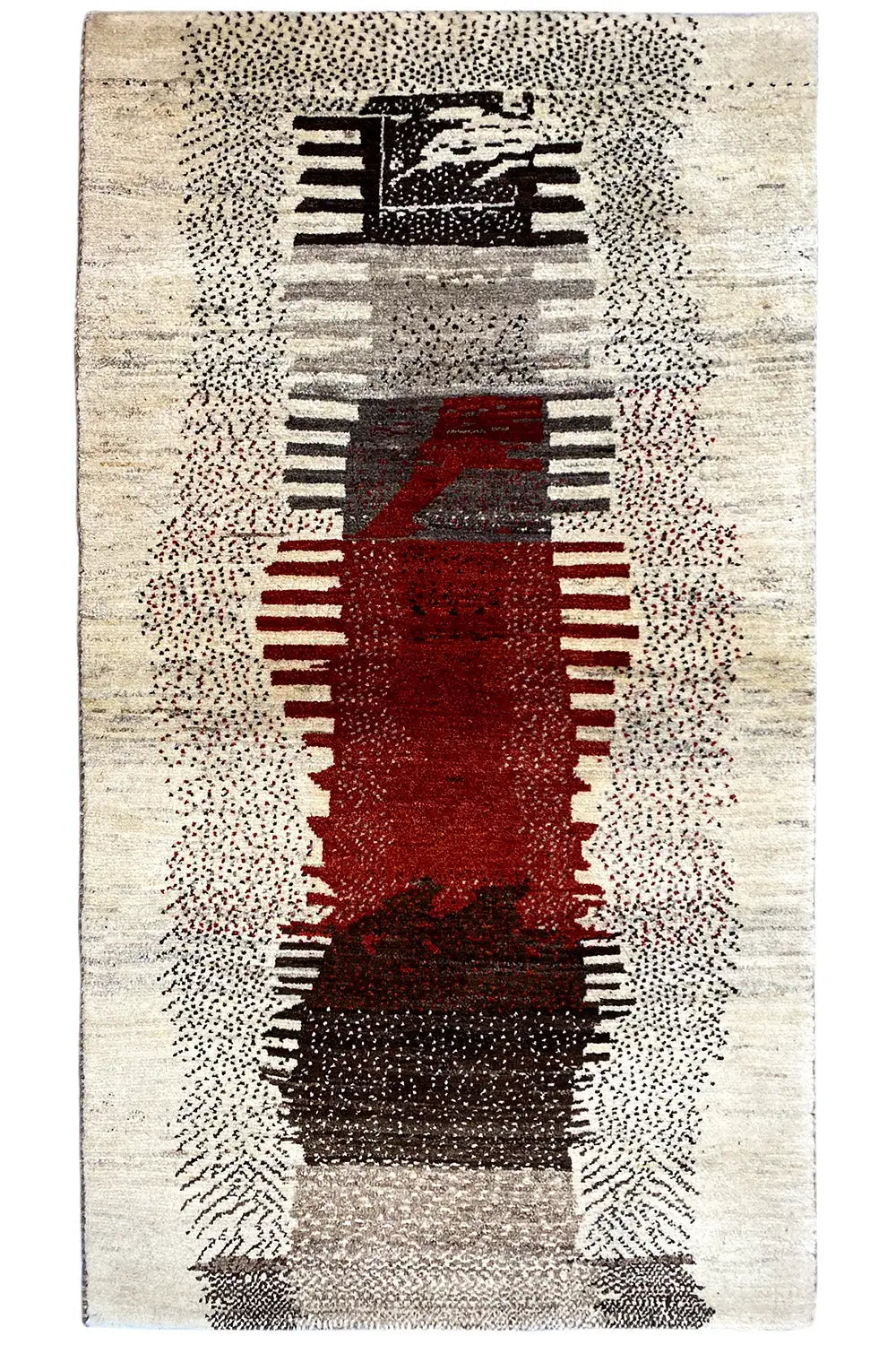 Gabbeh rug, rectangular, beige background with a red central band and black borders