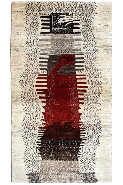 Gabbeh rug, rectangular, beige background with a red central band and black borders