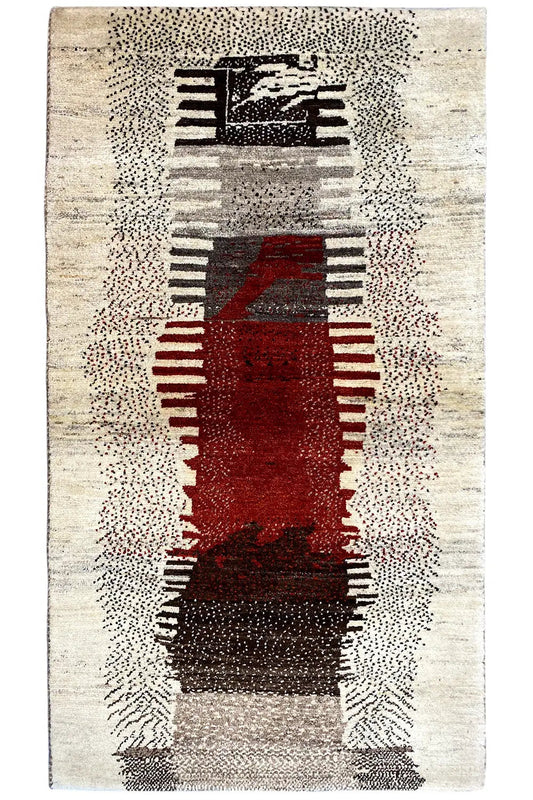Gabbeh rug, rectangular, beige background with a red central band and black borders