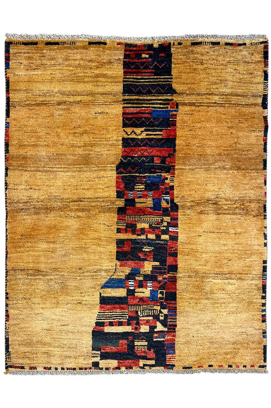 Rug 157x124 cm with a beige border and a central blue-red stripe