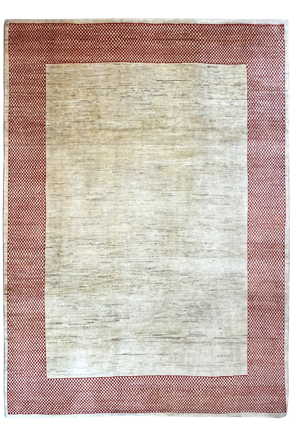 Gabbeh rug with a beige center and red-and-white checkered border, rectangular