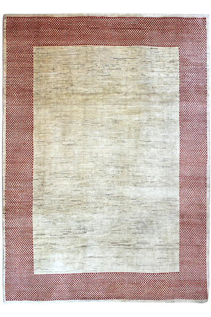 Gabbeh rug with a beige center and red-and-white checkered border, rectangular