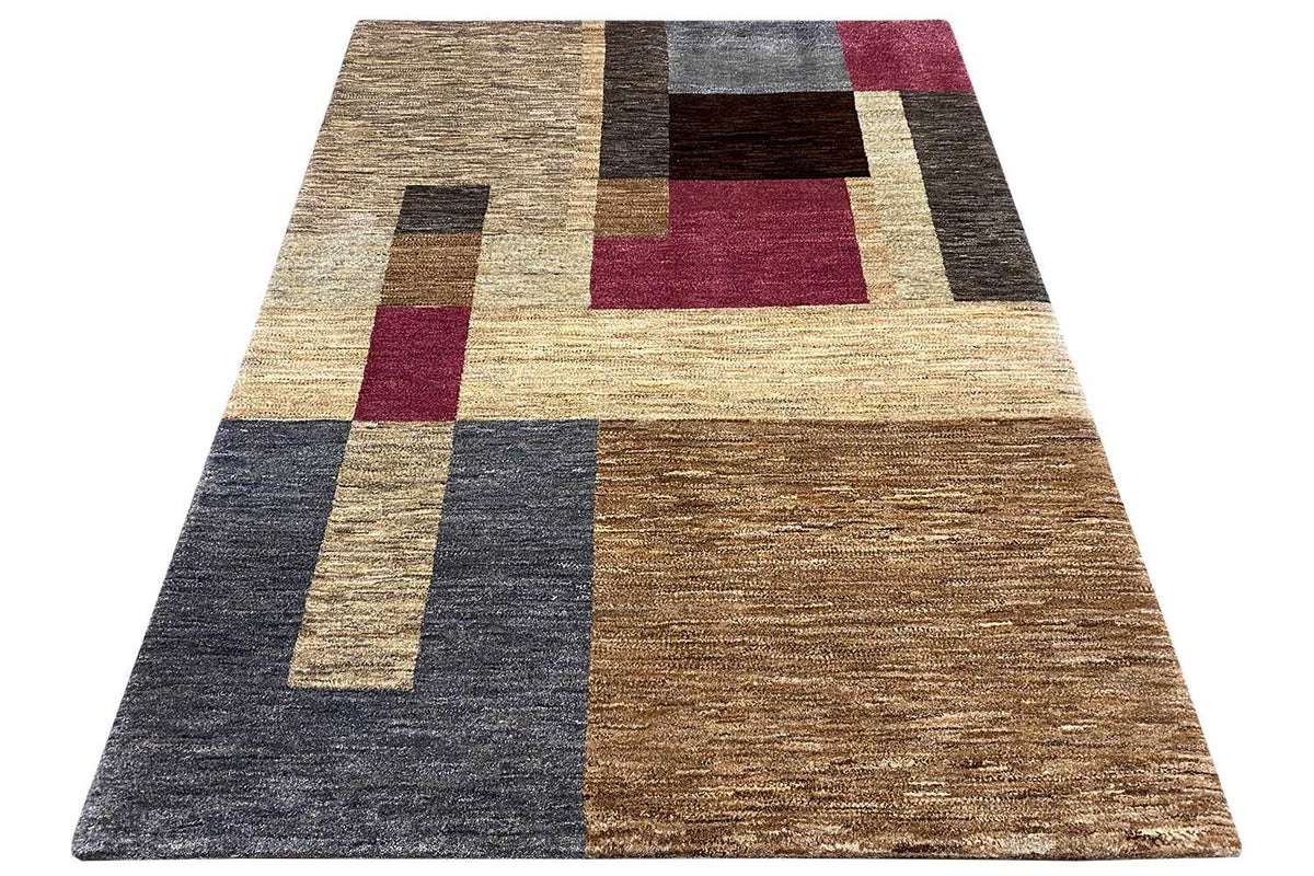 Diamond-patterned rug, laid out; beige, dark gray, and burgundy