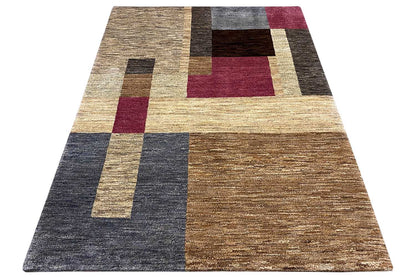 Diamond-patterned rug, laid out; beige, dark gray, and burgundy