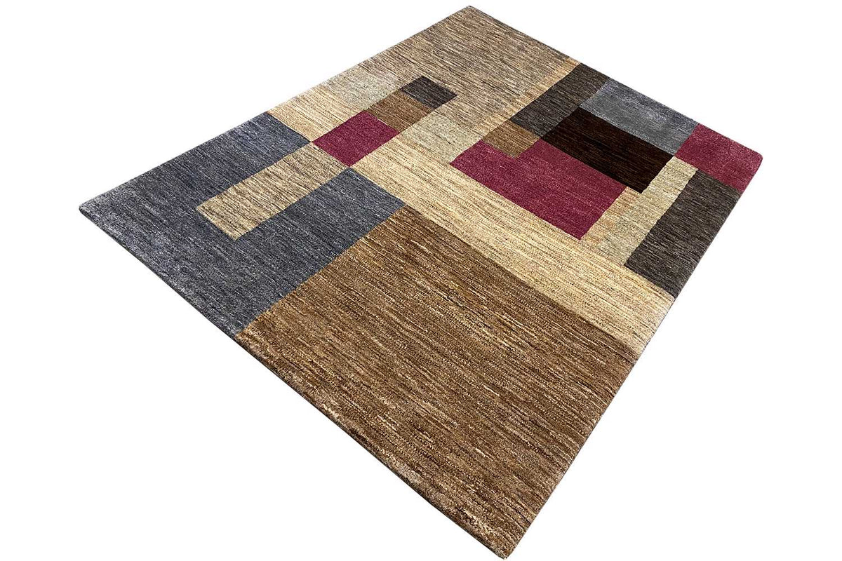 Rug with geometric design, beige, mottled gray, burgundy accents