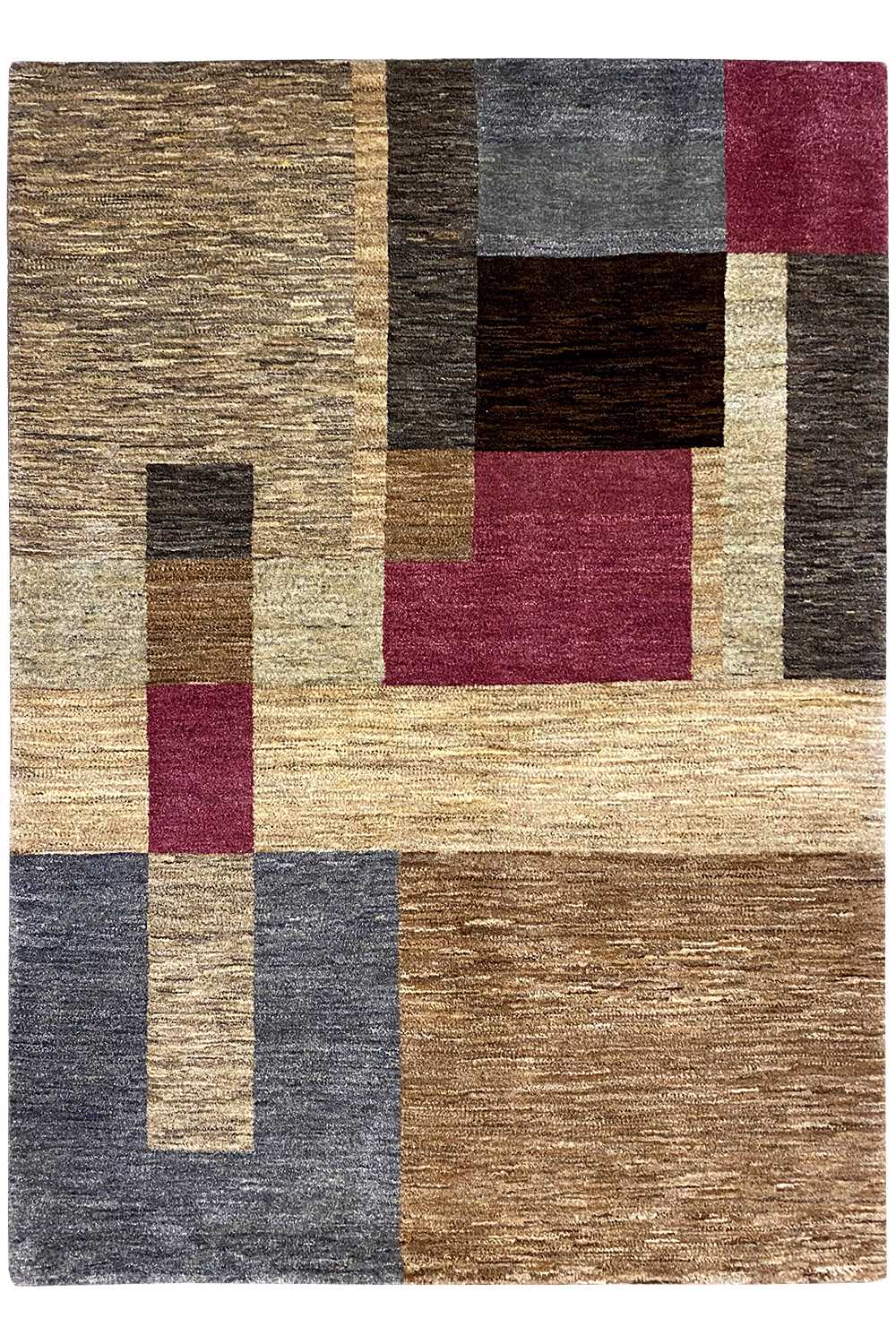 Rug with an abstract square pattern, beige, gray, and burgundy accents
