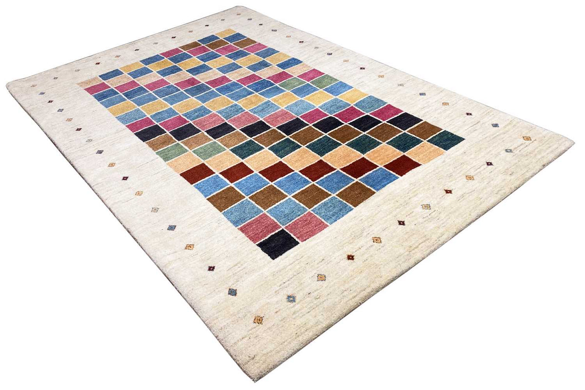 Rug with a Gabbeh design, diagonal square grid in vibrant colors on a light background