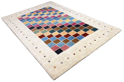 Rug with a Gabbeh design, diagonal square grid in vibrant colors on a light background