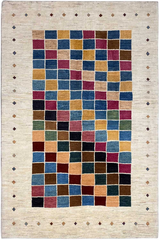Gabbeh rug 245×169 cm with a multicolored square pattern on a light background