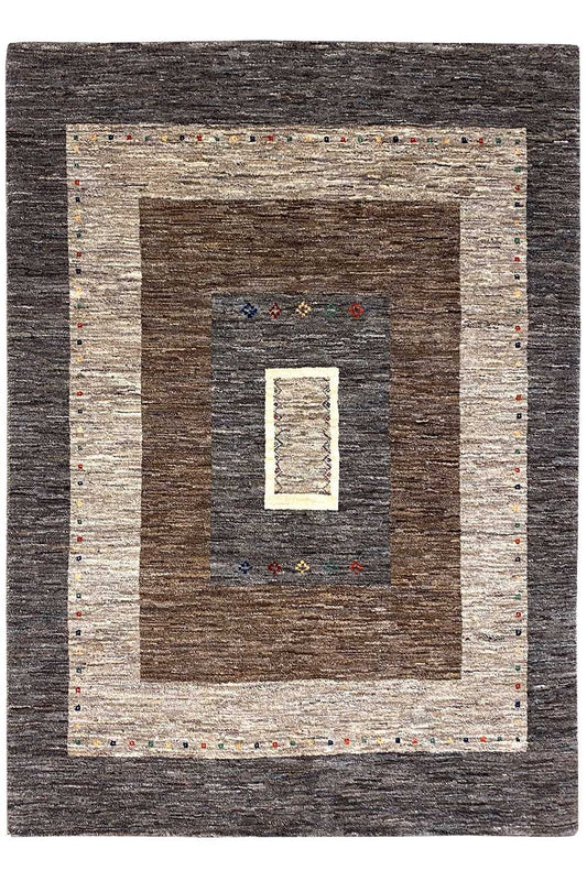 Gabbeh rug with rectangular medallion and multicolored accents, dark gray and beige