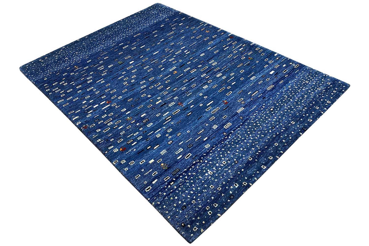 Blue Gabbeh rug with a delicate all-over pattern, spread diagonally