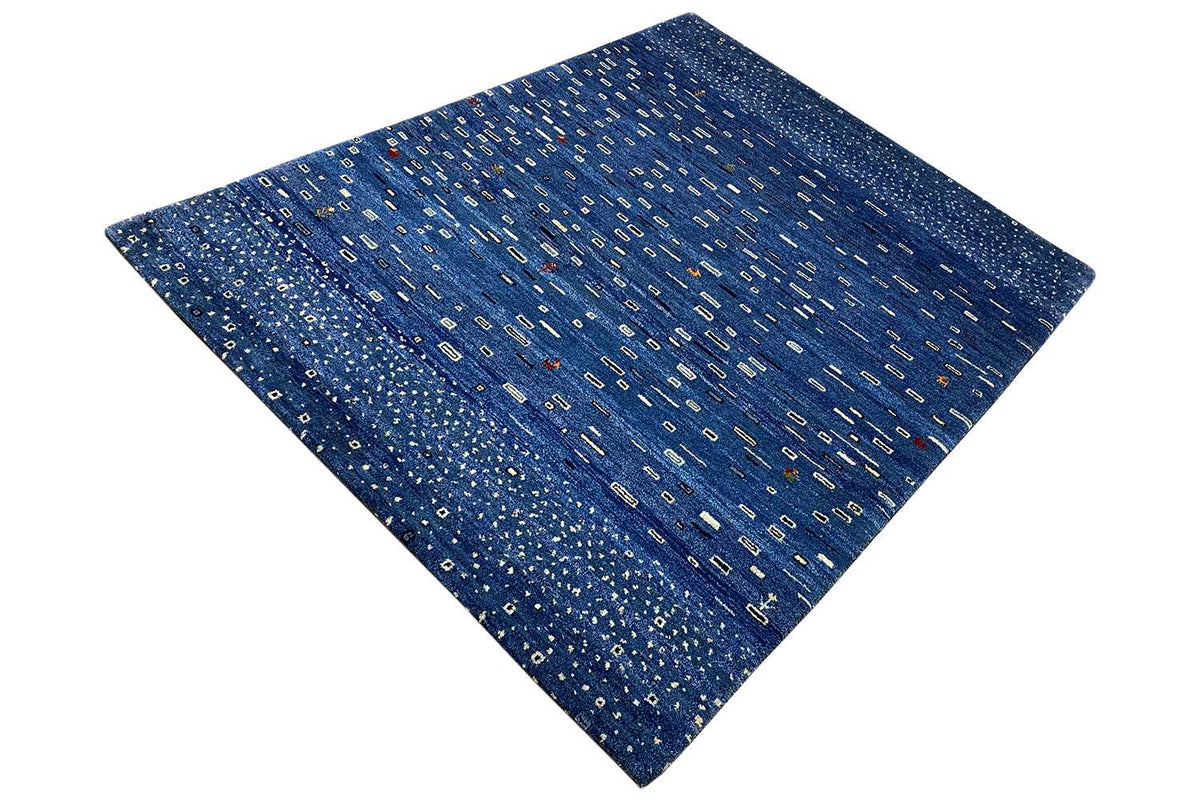 Blue gabbeh rug with clean edges and a fine diagonal pattern