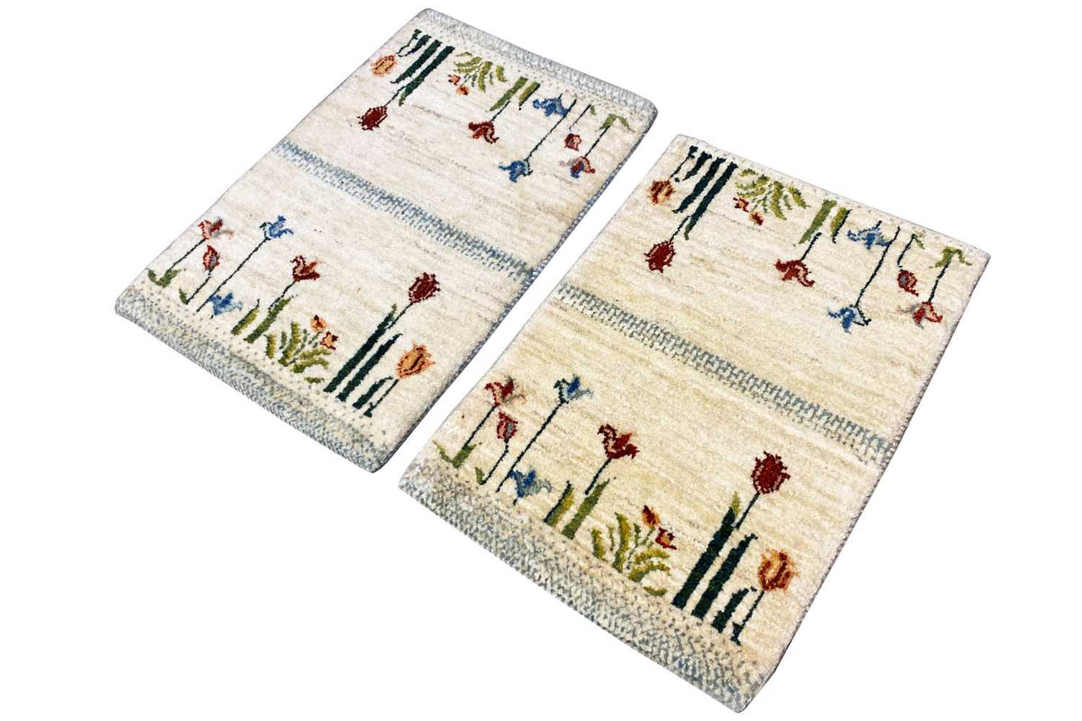 Carpet 40x60 cm (two pieces), cream-colored with colorful vine patterns and a blue stripe