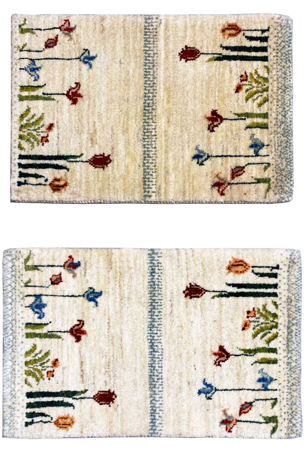 Gabbeh rug 40x60 cm with a cream-colored background and colorful botanical motifs