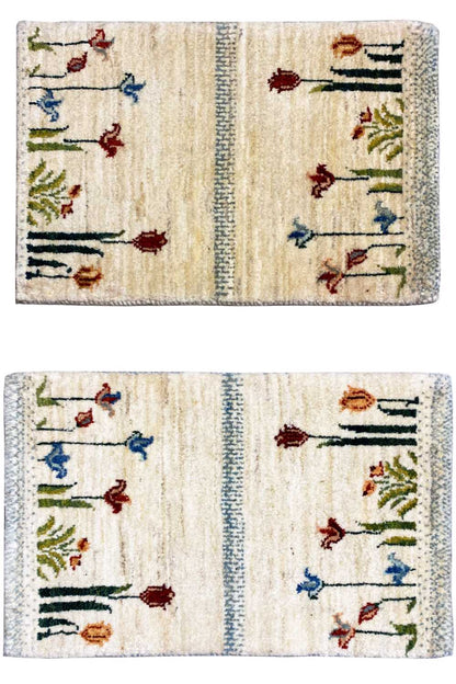 Gabbeh rug 40x60 cm with a cream-colored background and colorful botanical motifs