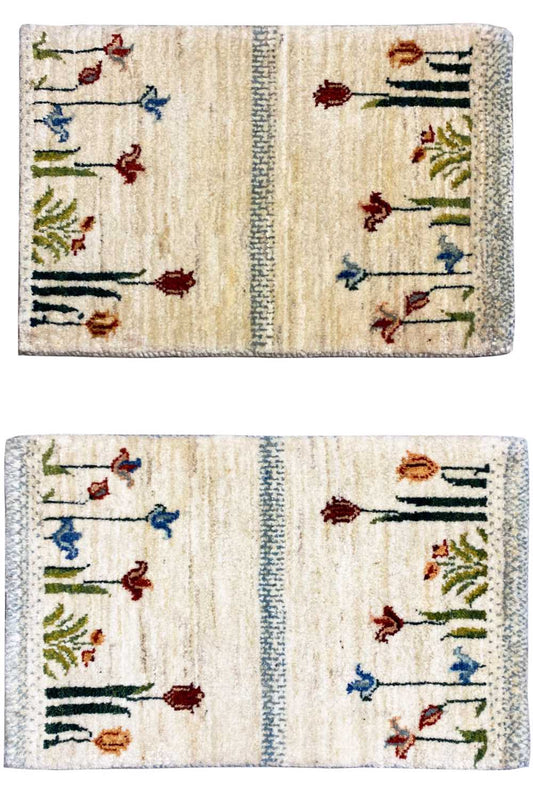 Gabbeh rug 40x60 cm with a cream-colored background and colorful botanical motifs