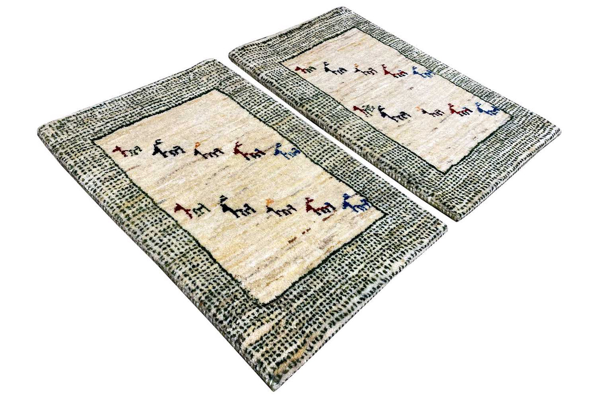 Rug set: beige center, gray-green border, multicolored animal frieze