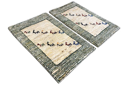 Rug set: beige center, gray-green border, multicolored animal frieze
