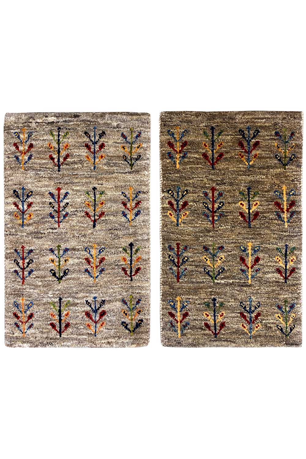 Gabbeh rug 40x60 cm with a beige background and colorful vine pattern, front view