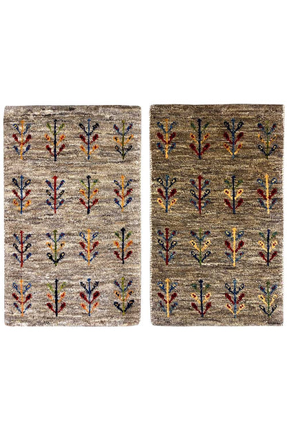 Gabbeh rug 40x60 cm with a beige background and colorful vine pattern, front view