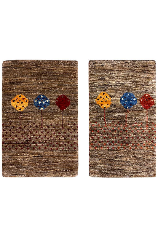 Brown Gabbeh rug 40x60 cm with colorful threads and three floral ornaments