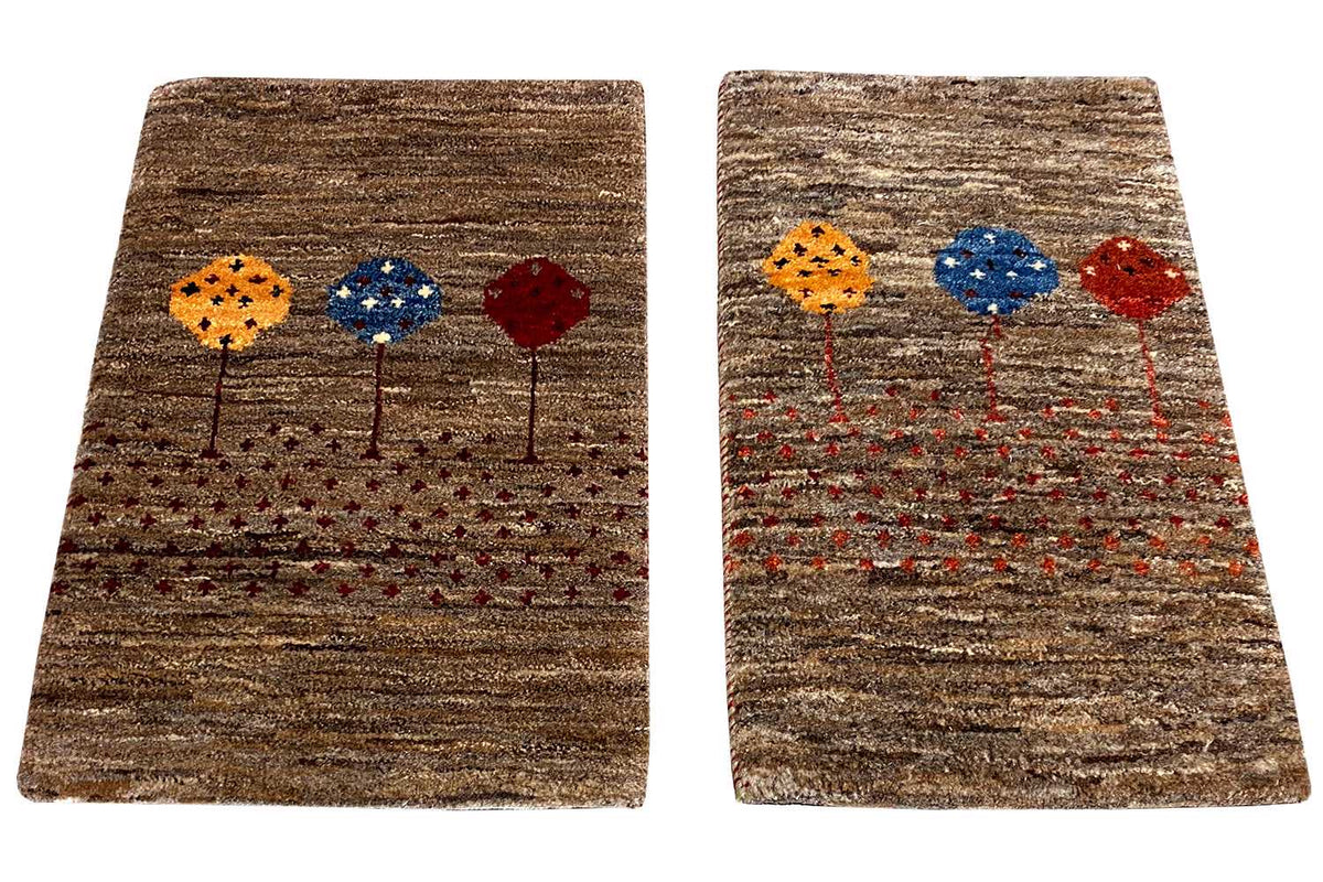 Gabbeh rug 40x60 cm, brown with colorful floral motifs on a bordered field