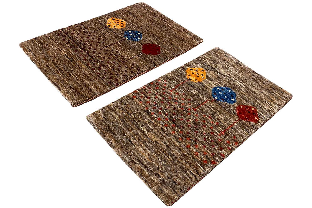 Gabbeh rug 40x60 cm, brown with red, blue, and orange floral motifs