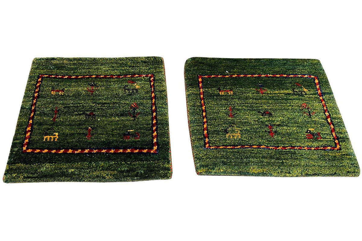 Gabbeh rug 42x40 cm, green design with red border and multicolored embroidery