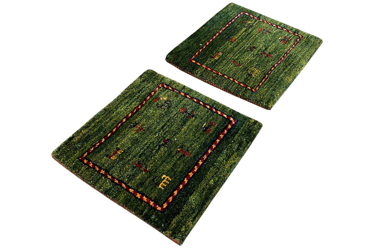 Gabbeh rug 42x40 cm, green rug square with red border and patterned sections