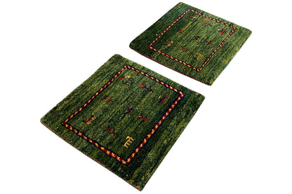 Gabbeh rug 42x40 cm, green rug square with red border and patterned sections