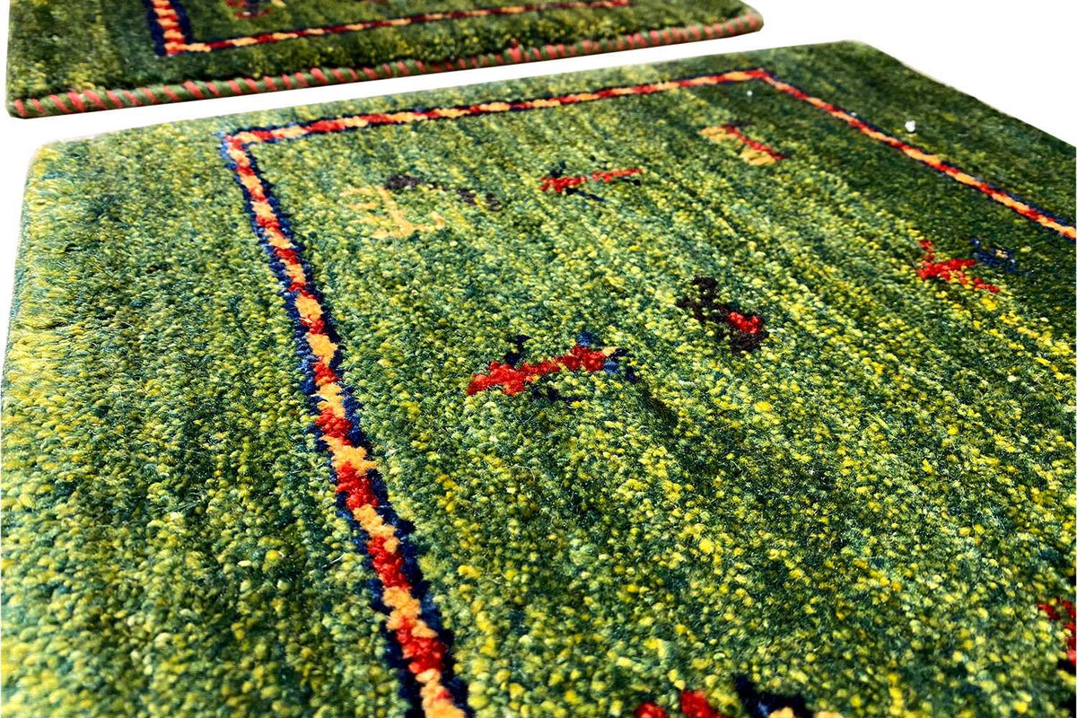 Gabbeh rug, close-up of green pile with a red border and multicolored linear pattern