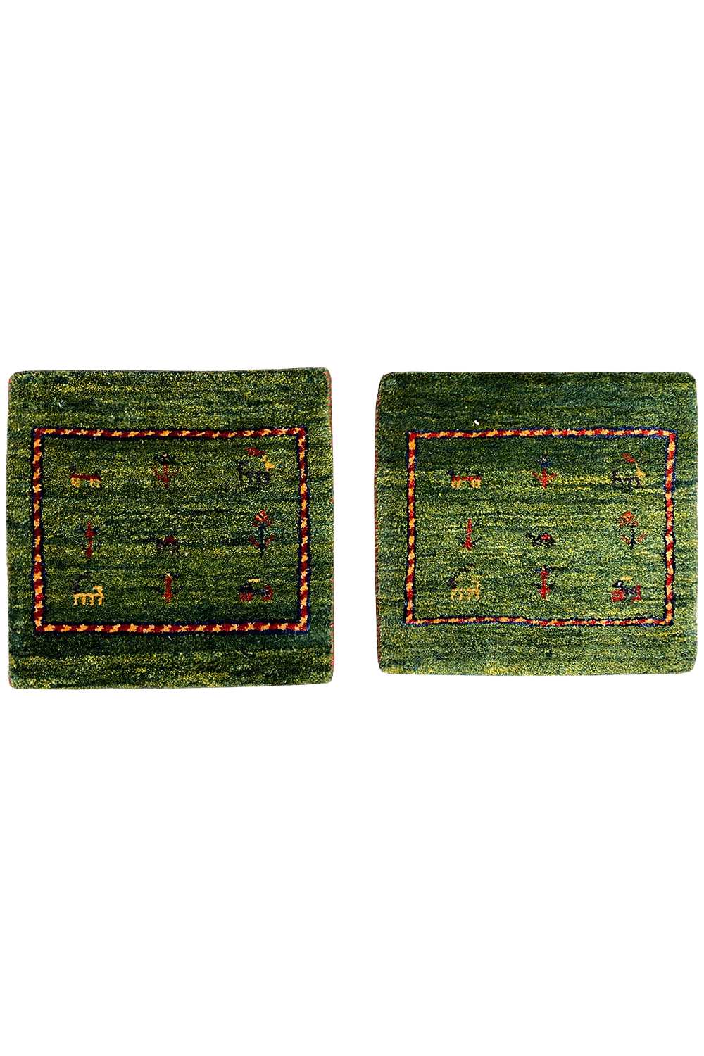 Gabbeh rug 42x40 cm, green square with red decorative band and colorful motifs