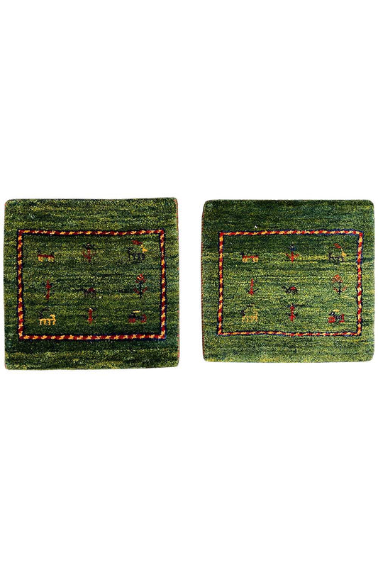 Gabbeh rug 42x40 cm, green square with red decorative band and colorful motifs